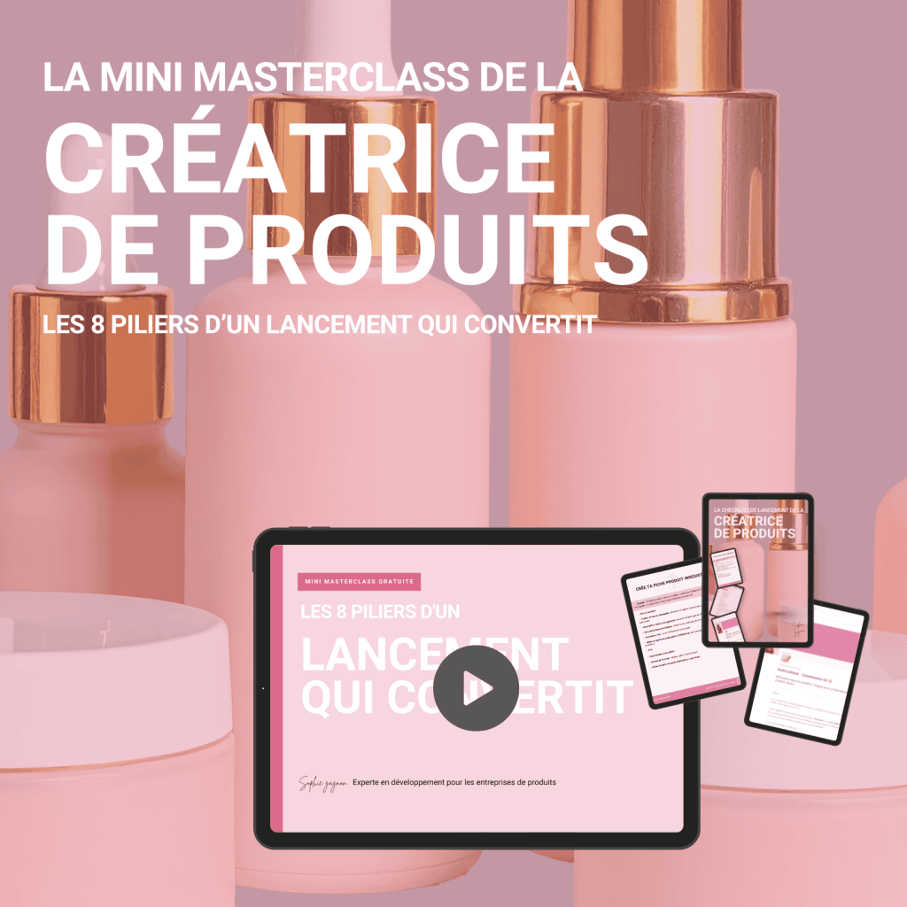 image sur un fond rose transparent montrant des produits de beauté, avec le mock up de la mini masterclass